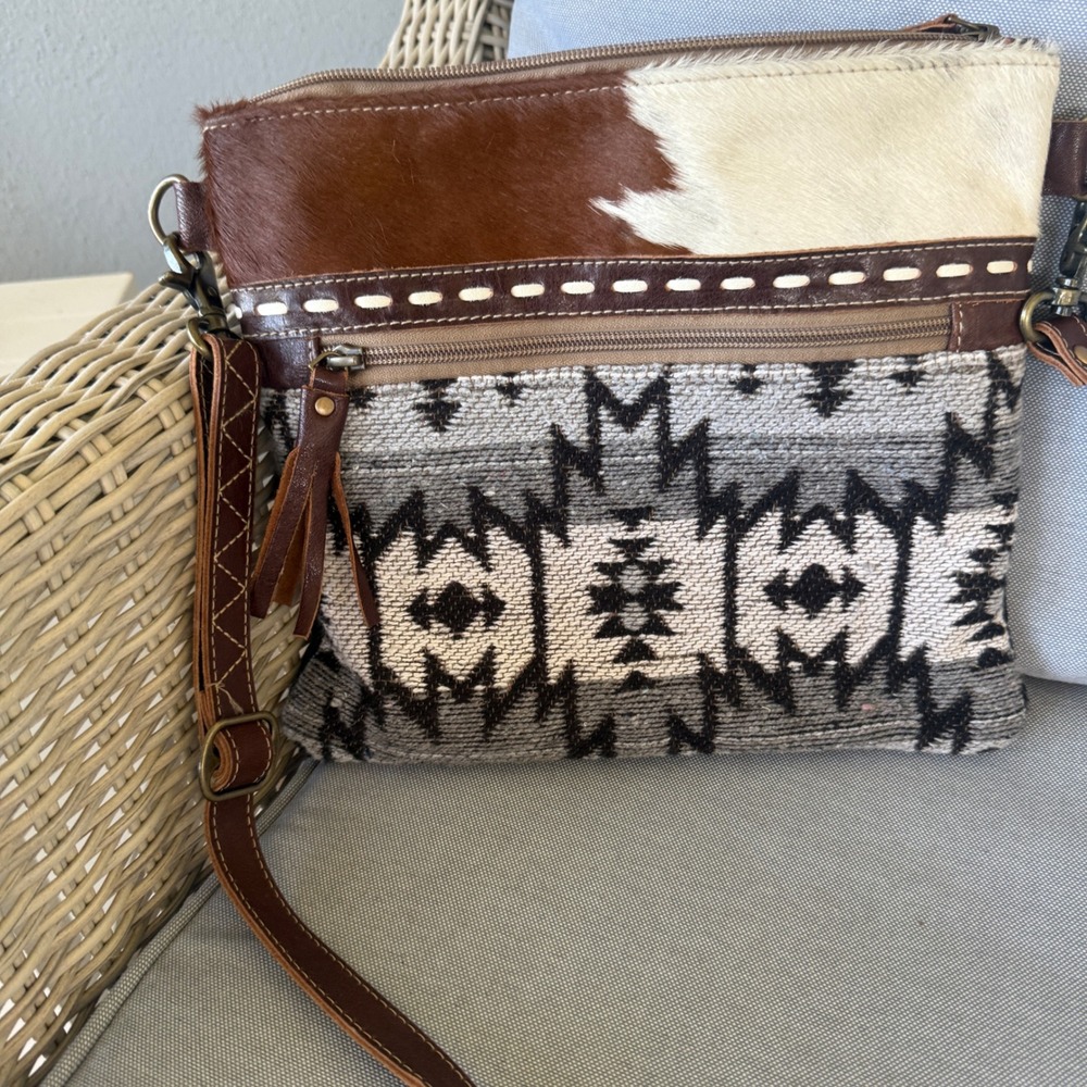 Myra Bag Southwestern Cowhide Leather Crossbody Bag Brown Black Woven Boho